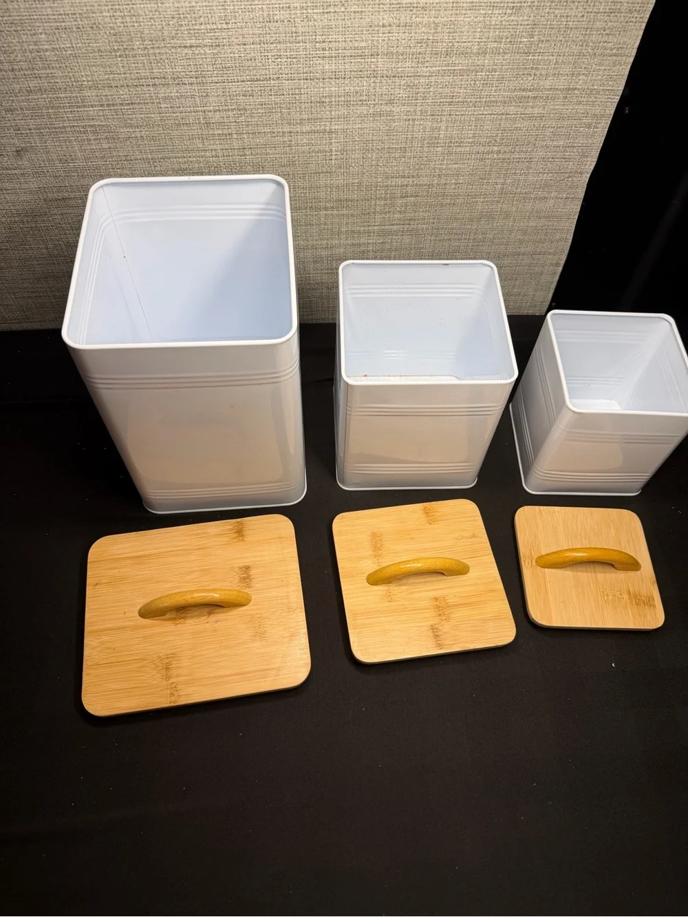 White Metal Canister Set with Bamboo Lids - 3-Piece Kitchen Storage